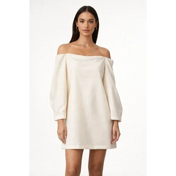 BCBGMAXAZRIA Off Shoulder Puff Sleeve Mini Dress Cream Ivory Size L - Picture 1 of 8